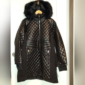 Michael Kors Black Quilted Puffer Coat with Fur Trim